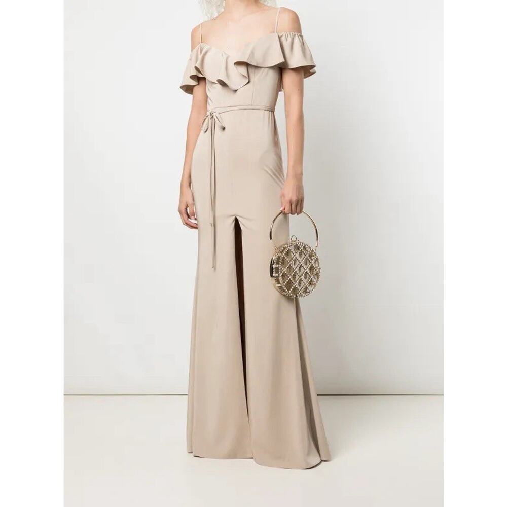 Marchesa Beige Off-Shoulder Ruffle Prom Gown